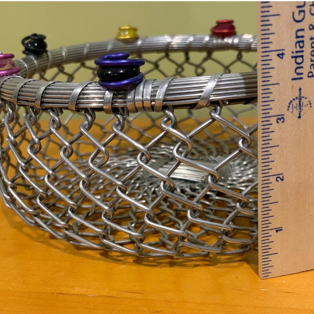 Woven Metal Wire Basket Silver Chain Link Fruit Bowl with Colorful Accents